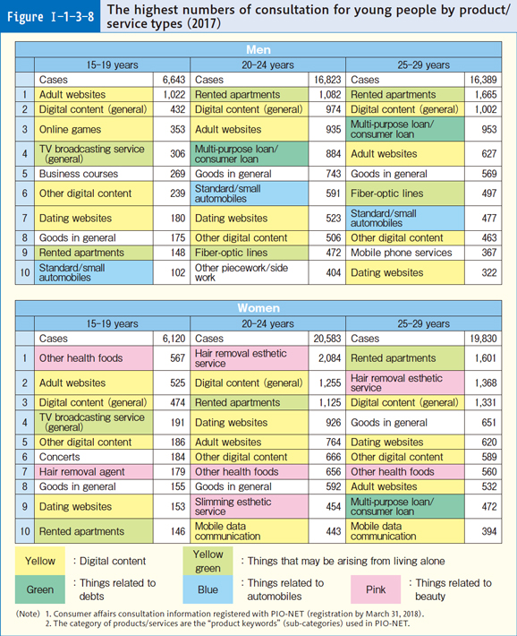 Figure Ⅰ-1-3-8 The highest numbers of consultation for young people by product/service types (2017)