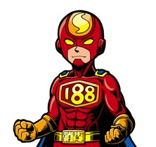 イラスト:赤いマスク、赤いボディースーツを着たいややマンが、両手で握りこぶし作りポーズをとっている