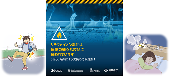 左:男性のポケットの中で、モバイルバッテリーが発火している様子。:中:OECD啓発キャンペーン共通イラスト「リチウムイオン電池は日常の様々な製品に使われています。しかし、過熱による火災の危険性も!」:右:女性が就寝中に枕元で充電していたモバイルバッテリーから発煙している様子。