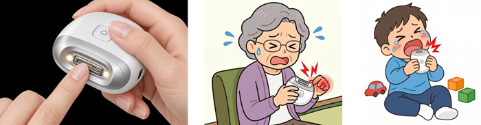 左:電動爪削りで爪を削っている。、中央:老人が電動爪削りに手の皮膚を巻き込まれて痛がっている。、右:小児が電動爪削りに舌を巻き込まれて痛がっている。