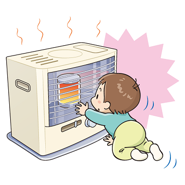 画像: はいはいの赤ちゃんが、点火済みの石油ストーブを手で触ろうとしているイラスト