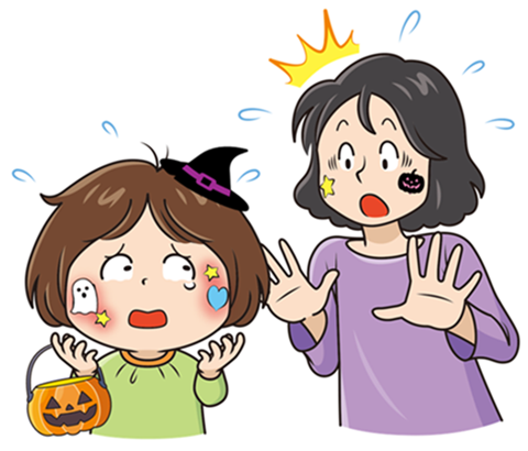 顔にタトゥシールを貼った部分が赤くなり困っている様子