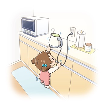 画像:小さな子どもが、キッチン台の上に置いた電気ケトルのコードを、背伸びをして引っ張っているイラスト