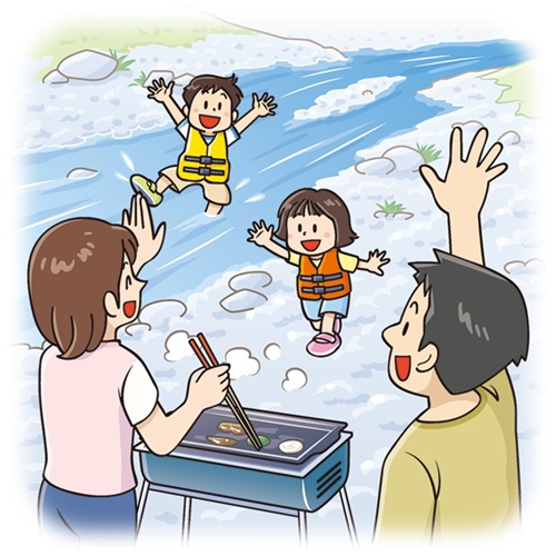 画像:家族が河原で川遊びやバーベキューをしているイラスト