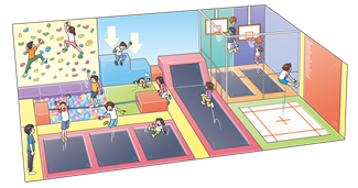 遊戯施設でトランポリン等で遊んでいる様子