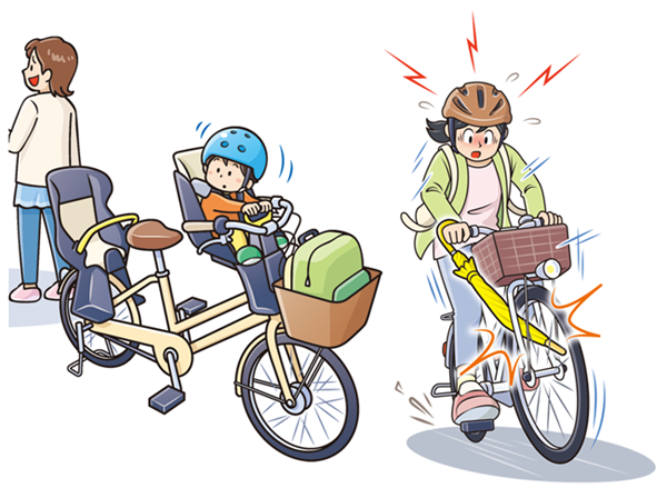 駐車している自転車にこどもを乗せたままにしている様子、自転車の車輪に傘がはさまり転倒しそうな様子