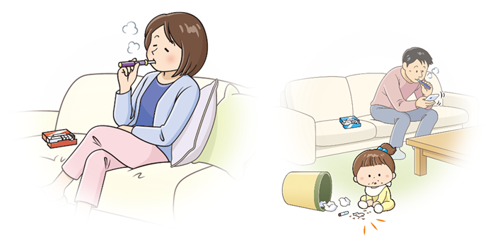 画像1:女性が加熱式たばこを吸っている様子、画像2:子どもがゴミ箱にあった加熱式たばこを誤飲している様子