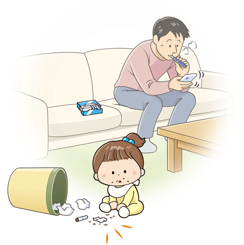 子どもがゴミ箱にあった加熱式たばこを誤飲している様子