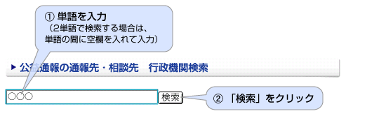 検索窓に単語を入力。2単語で検索する場合は、単語の間に空欄を入れて入力。次に、検索ボタンをクリックする。